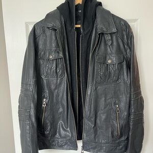 Rudsak Men's Leather jacket with stitched shoulder - Removable hood